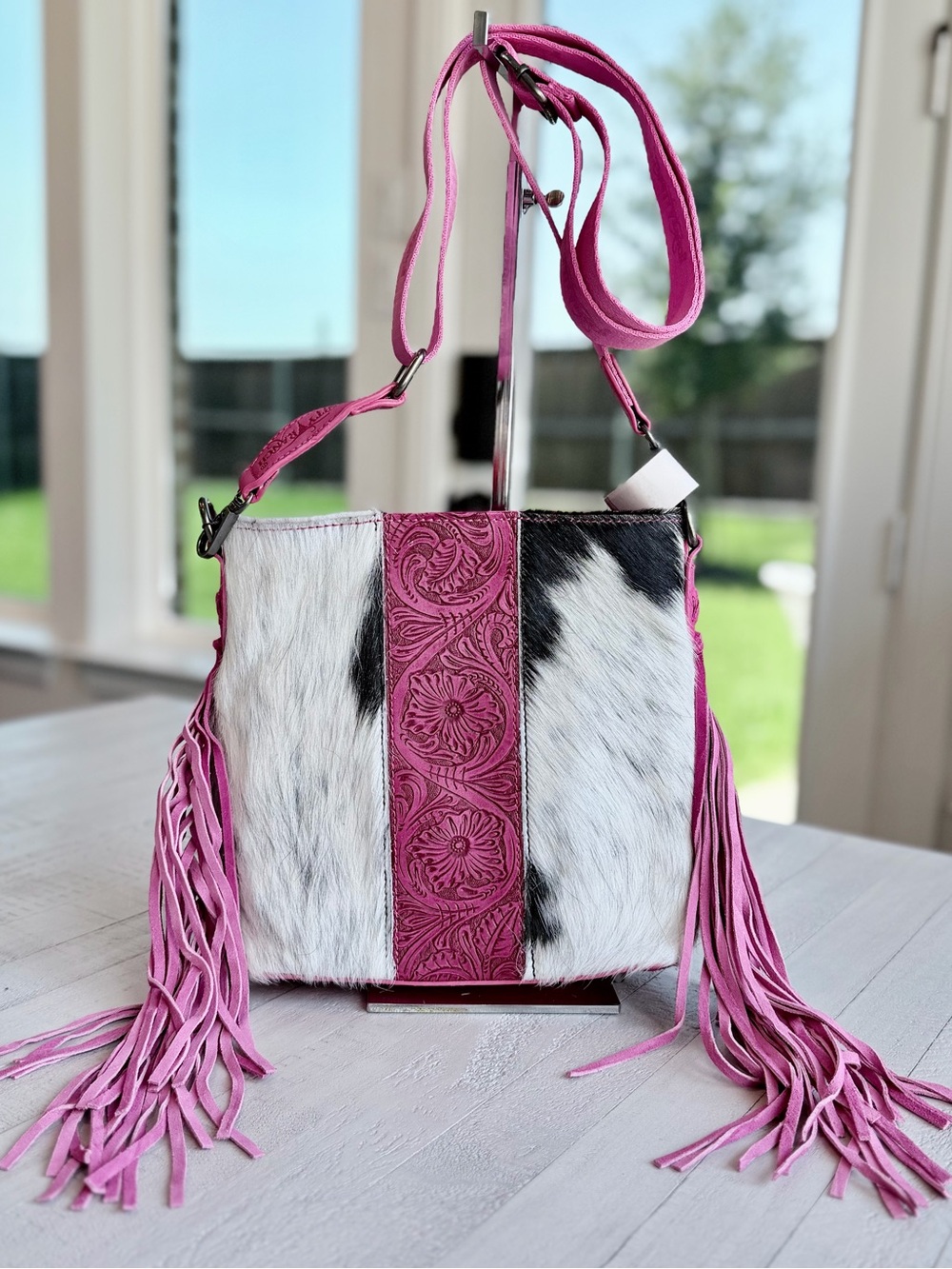 Trinity Ranch Hair-On Cowhide/Tooled Fringe Concealed Carry Crossbody Bag HPK